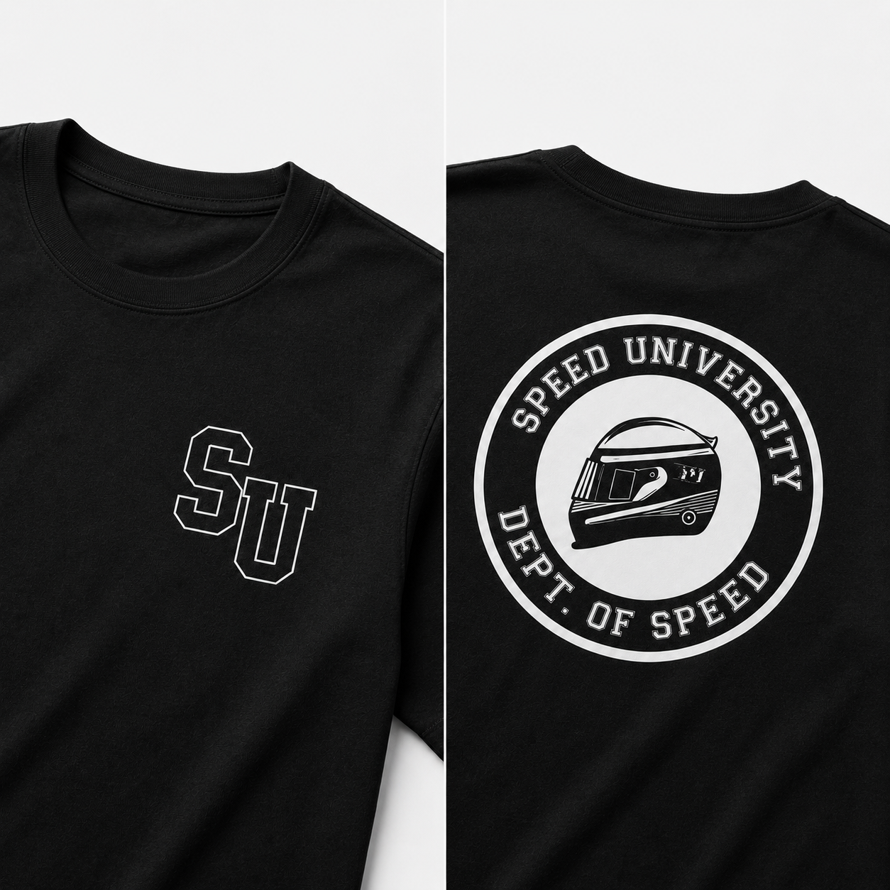 Speed University black T-shirt SU chest logo and Dept of Speed back detail