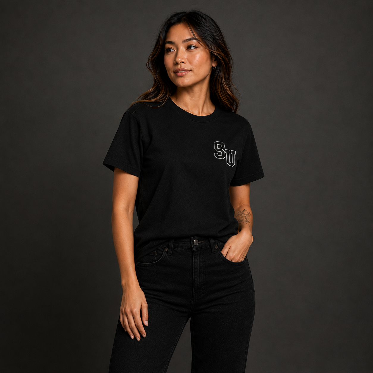 Model wearing Speed University Dept of Speed black T-shirt