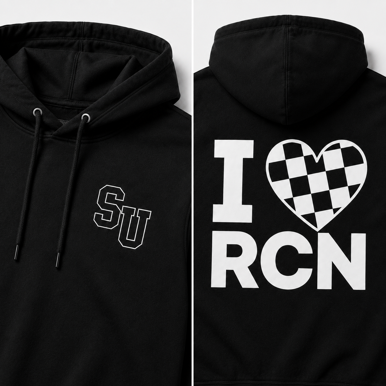 Speed University black hoodie SU chest logo and I Love Racing back detail
