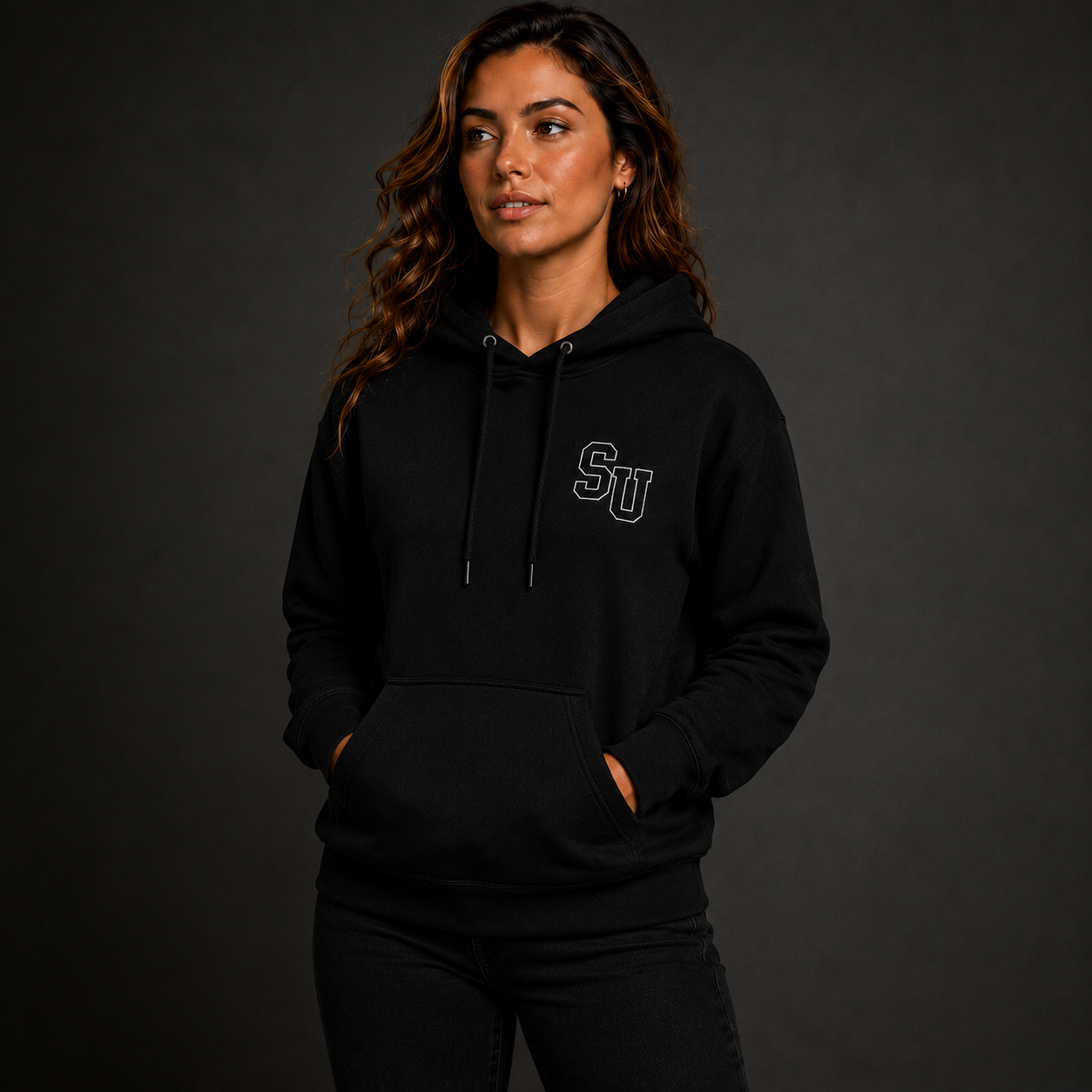 Model wearing Speed University I Love Racing black hoodie