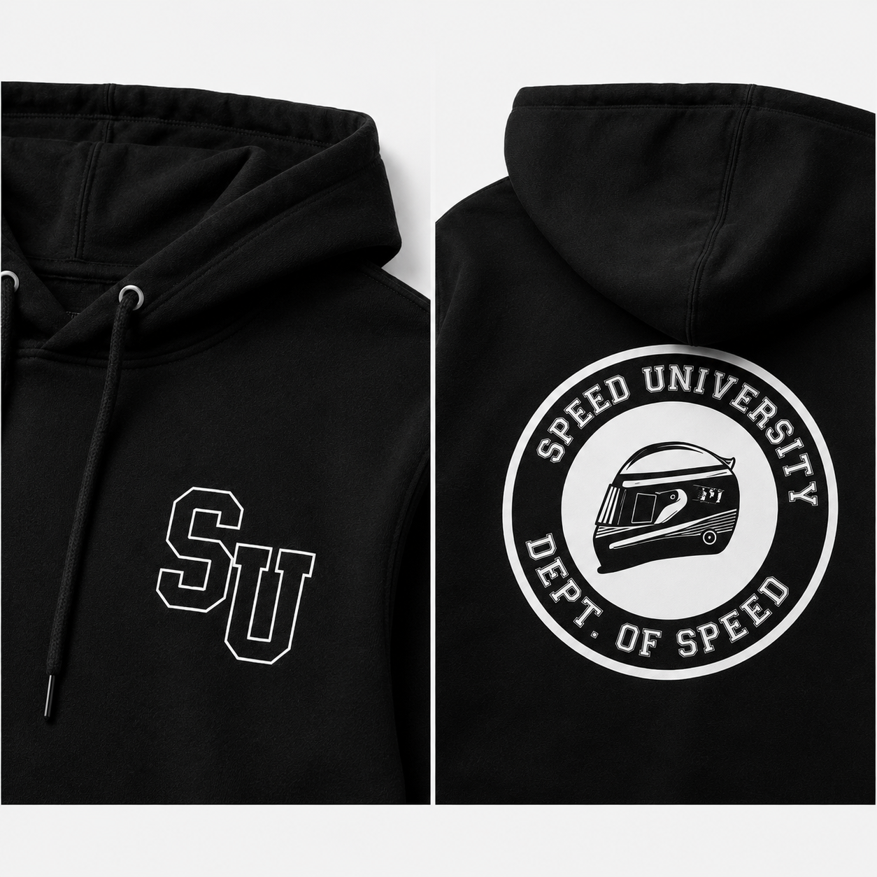 Speed University black hoodie SU chest logo and Dept of Speed back detail