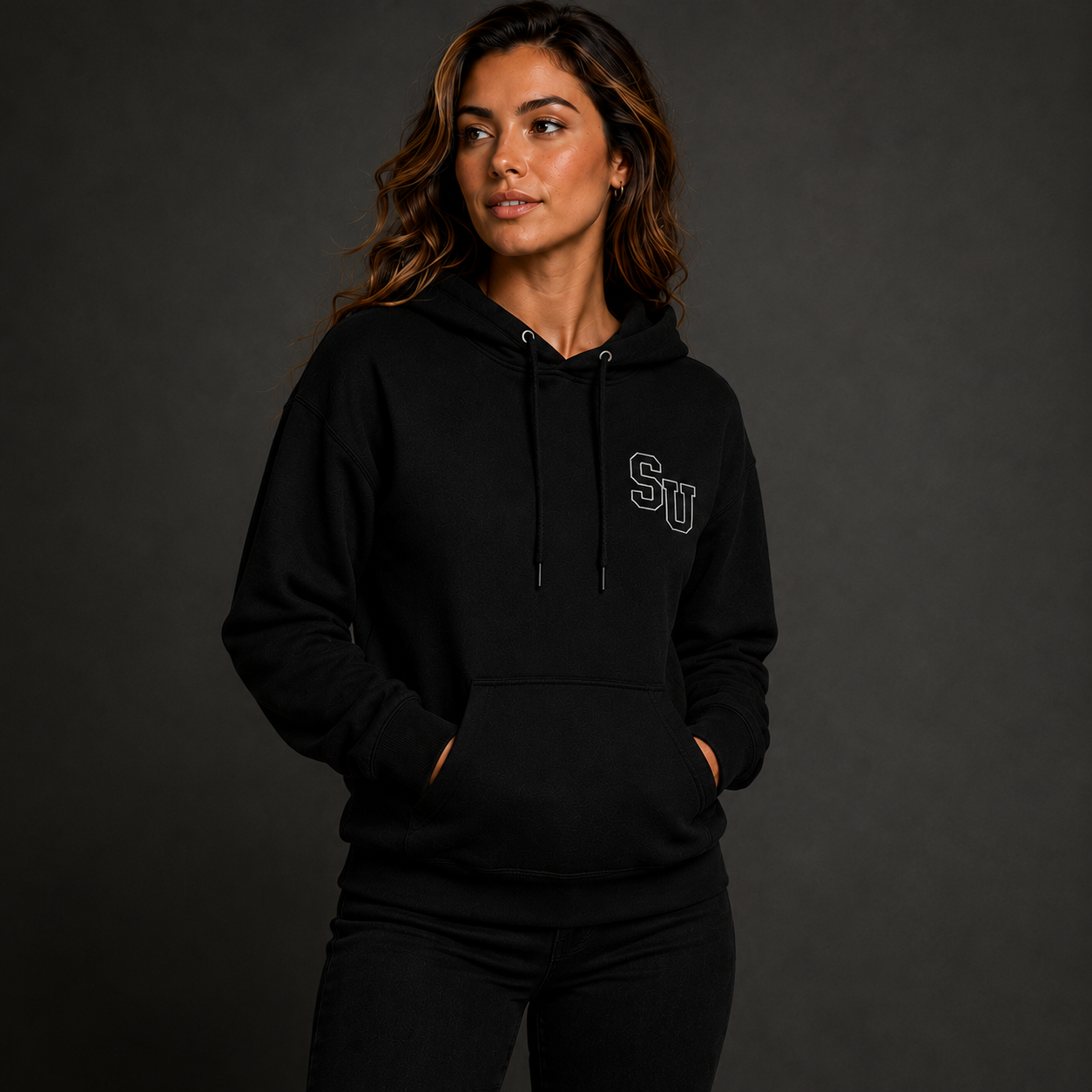 Model wearing Speed University Dept of Speed black hoodie