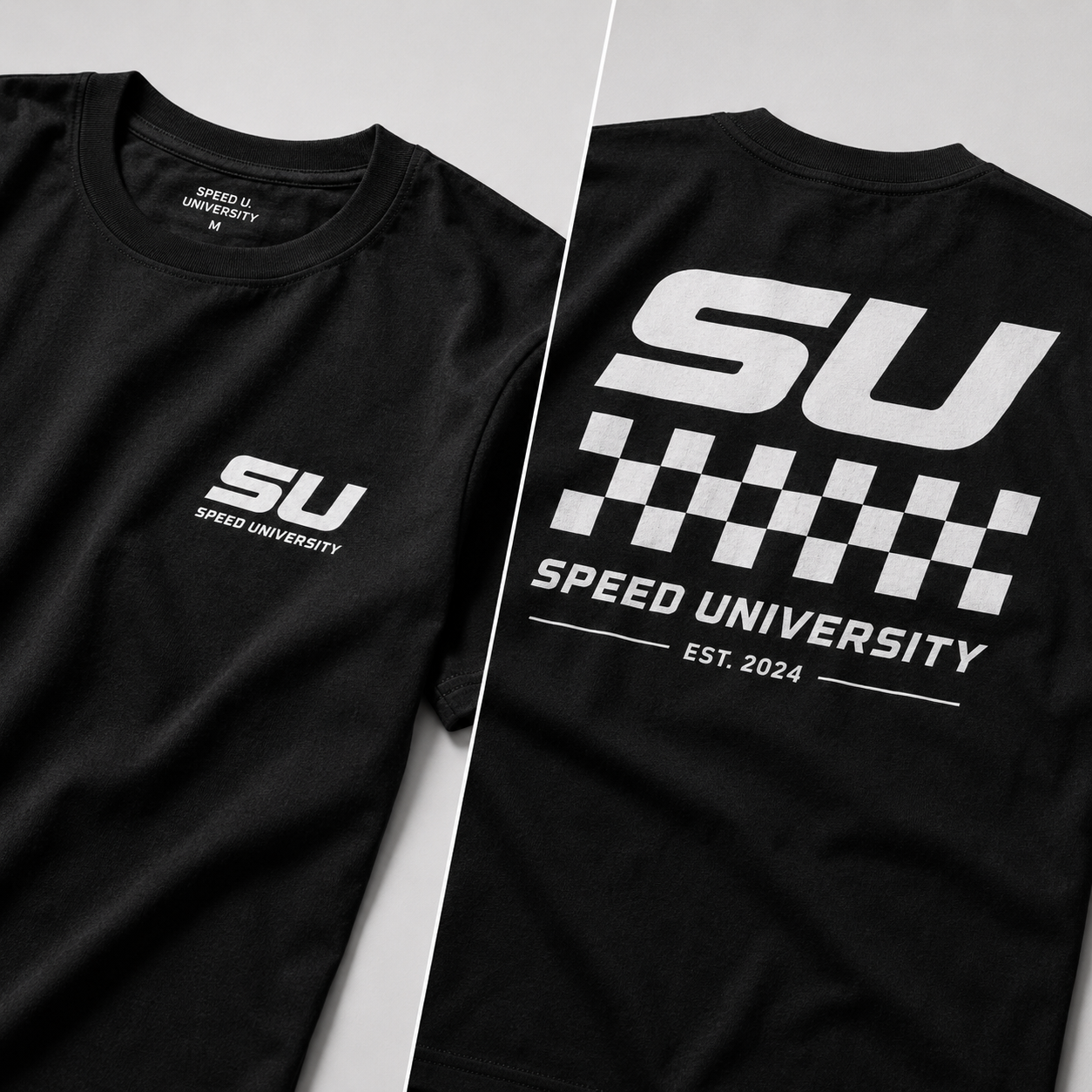 Speed University black T-shirt front logo and SU checkerboard back detail