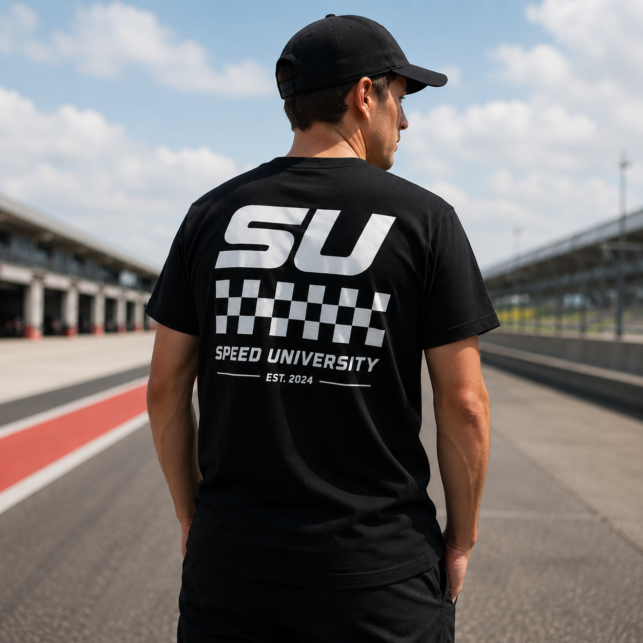 Model wearing Speed University SU Graphics black T-shirt at racetrack