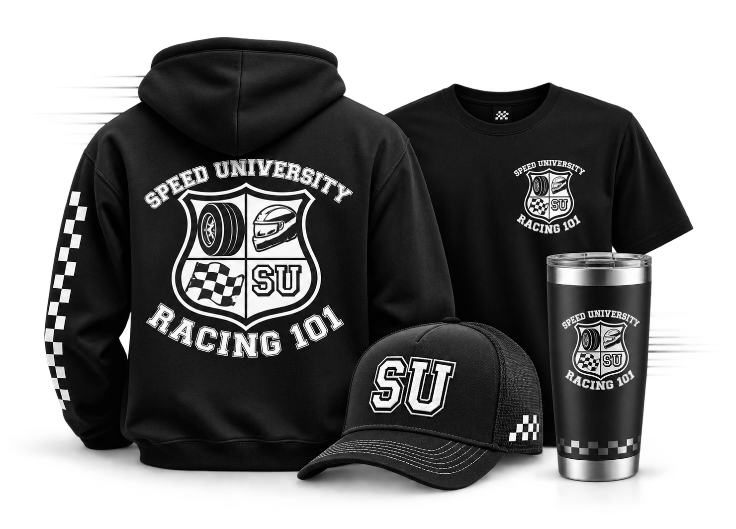Speed University Racing 101 apparel collection with hoodie, hat, and gear