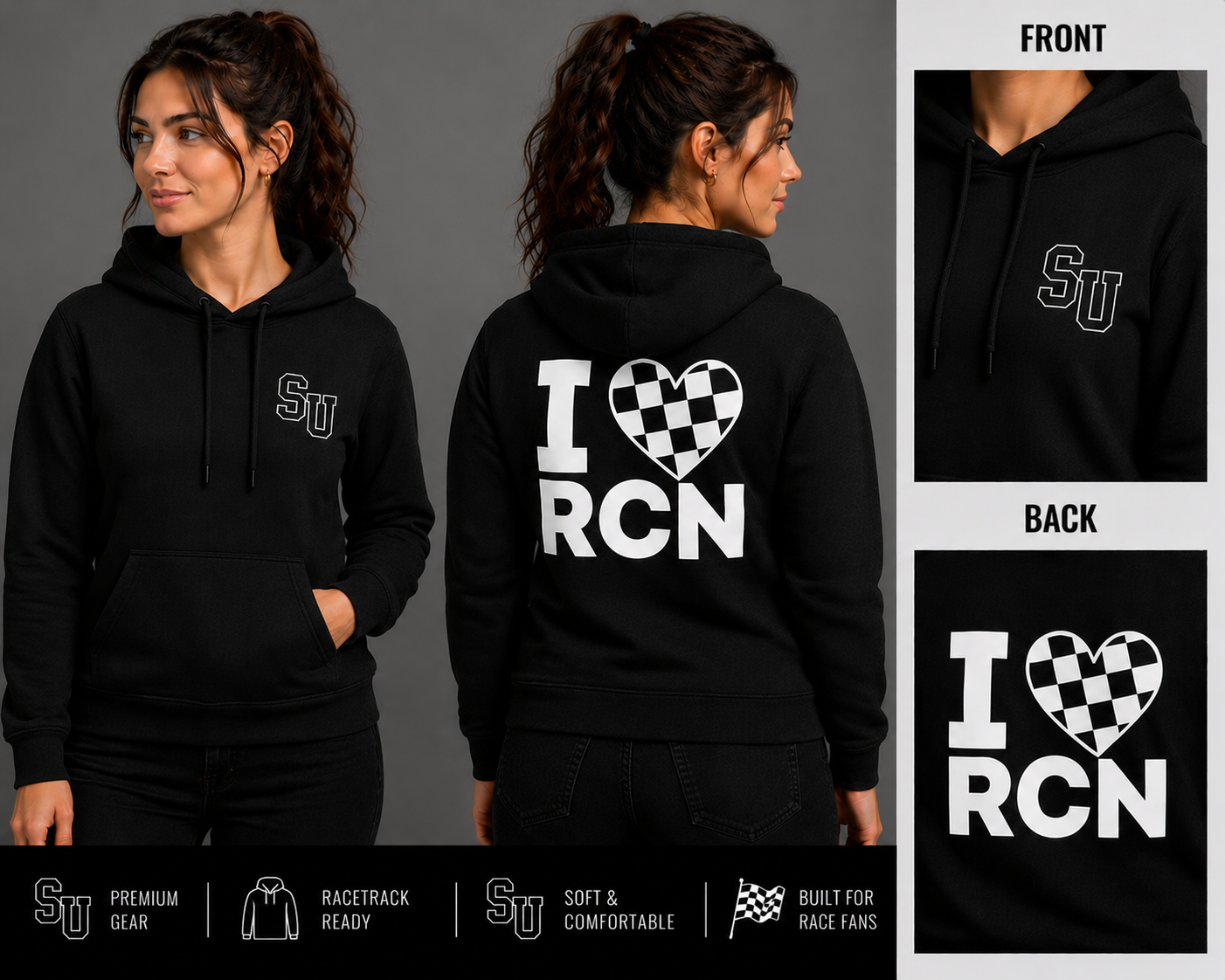 Speed University Women’s I Love Racing Black Hoodie - Image 2