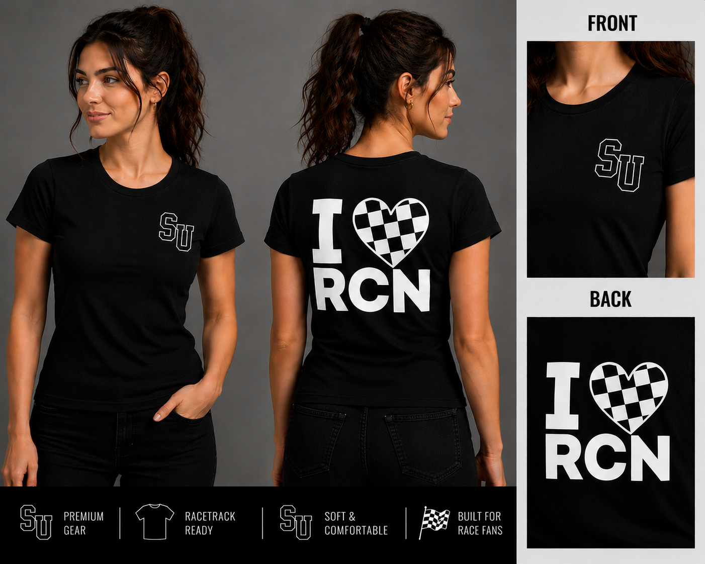 Speed University Women’s I Love Racing Black T-Shirt front and back view