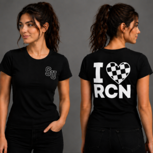 Speed University Women’s I Love Racing Black T-Shirt lifestyle mockup