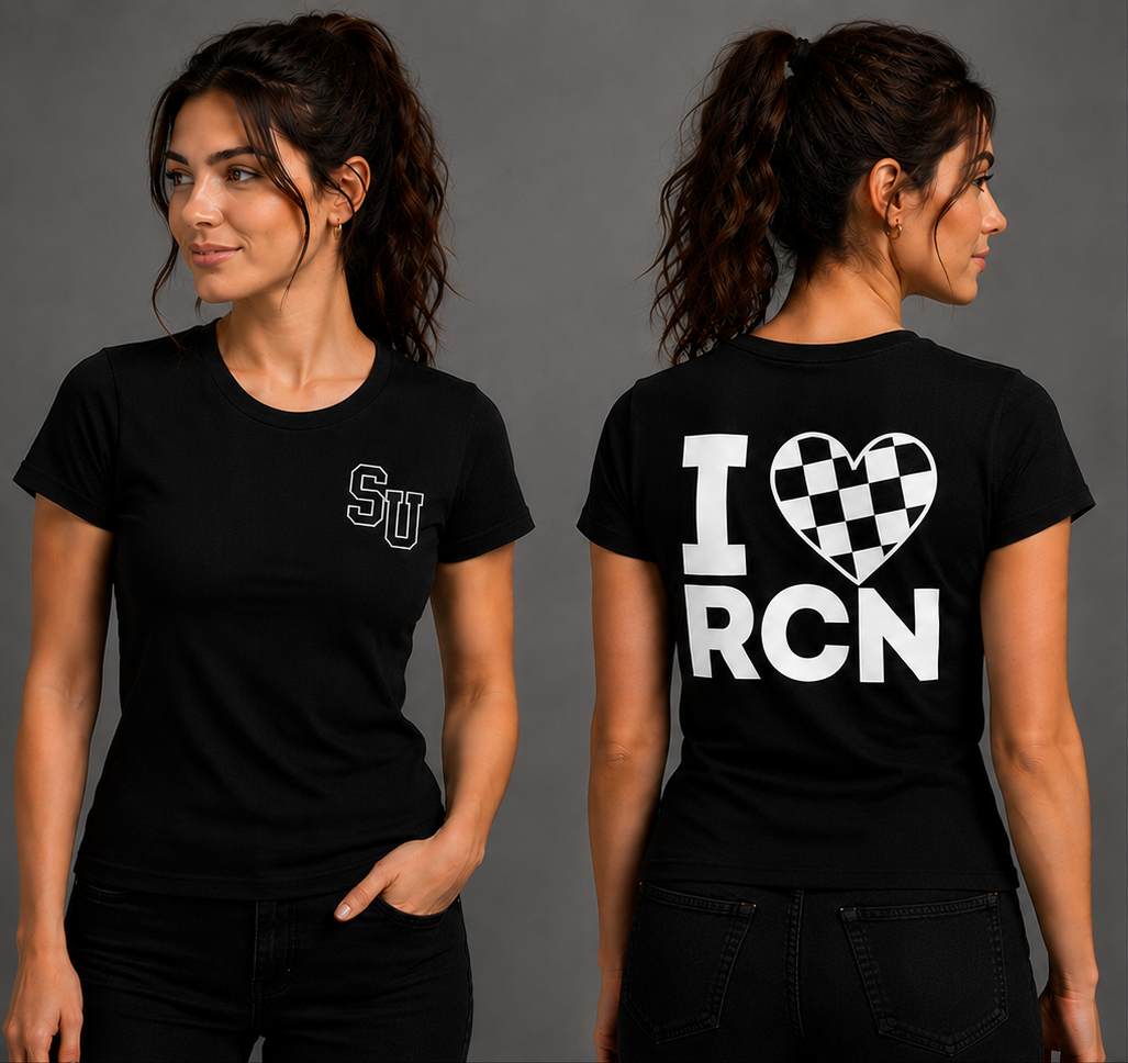 Speed University Women’s I Love Racing Black T-Shirt lifestyle mockup