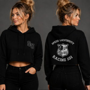 Speed University Women’s Racing 101 Cropped Sweatshirt lifestyle mockup
