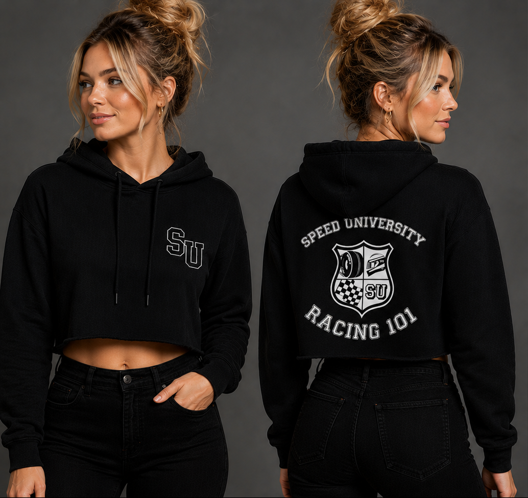 Speed University Women’s Racing 101 Cropped Sweatshirt lifestyle mockup