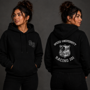 Speed University Women’s Racing 101 Black Hoodie lifestyle mockup