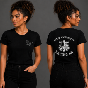 Speed University Women’s Racing 101 Black T-Shirt lifestyle mockup