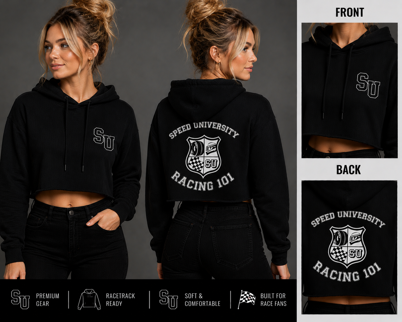 Speed University Women’s Racing 101 Cropped Sweatshirt front and back view