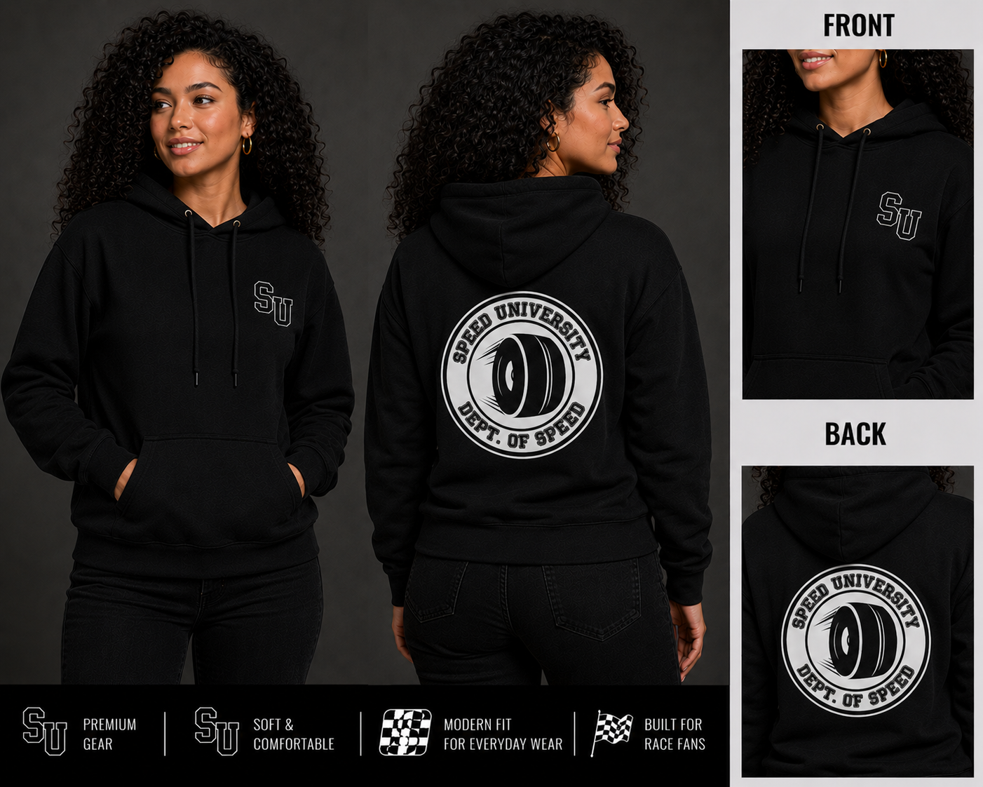 Speed University Women’s Dept. of Speed Wheel Black Hoodie - Image 2