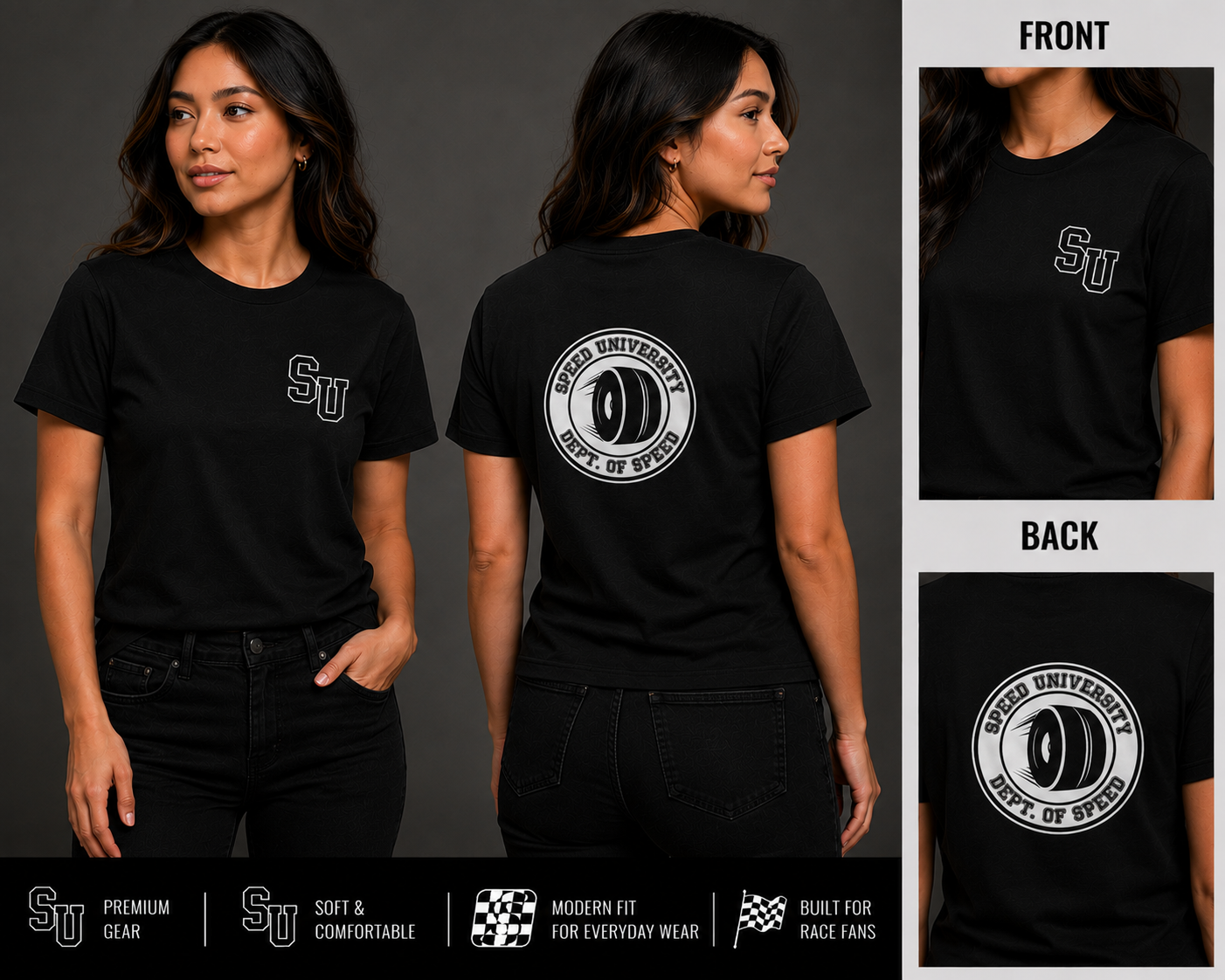 Speed University Women’s Dept. of Speed Wheel Black T-Shirt - Image 2