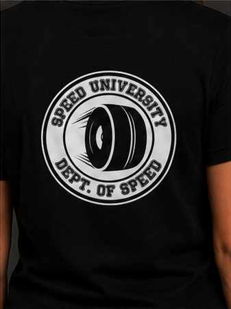 Speed University Women’s Dept. of Speed Wheel Black T-Shirt - Image 4