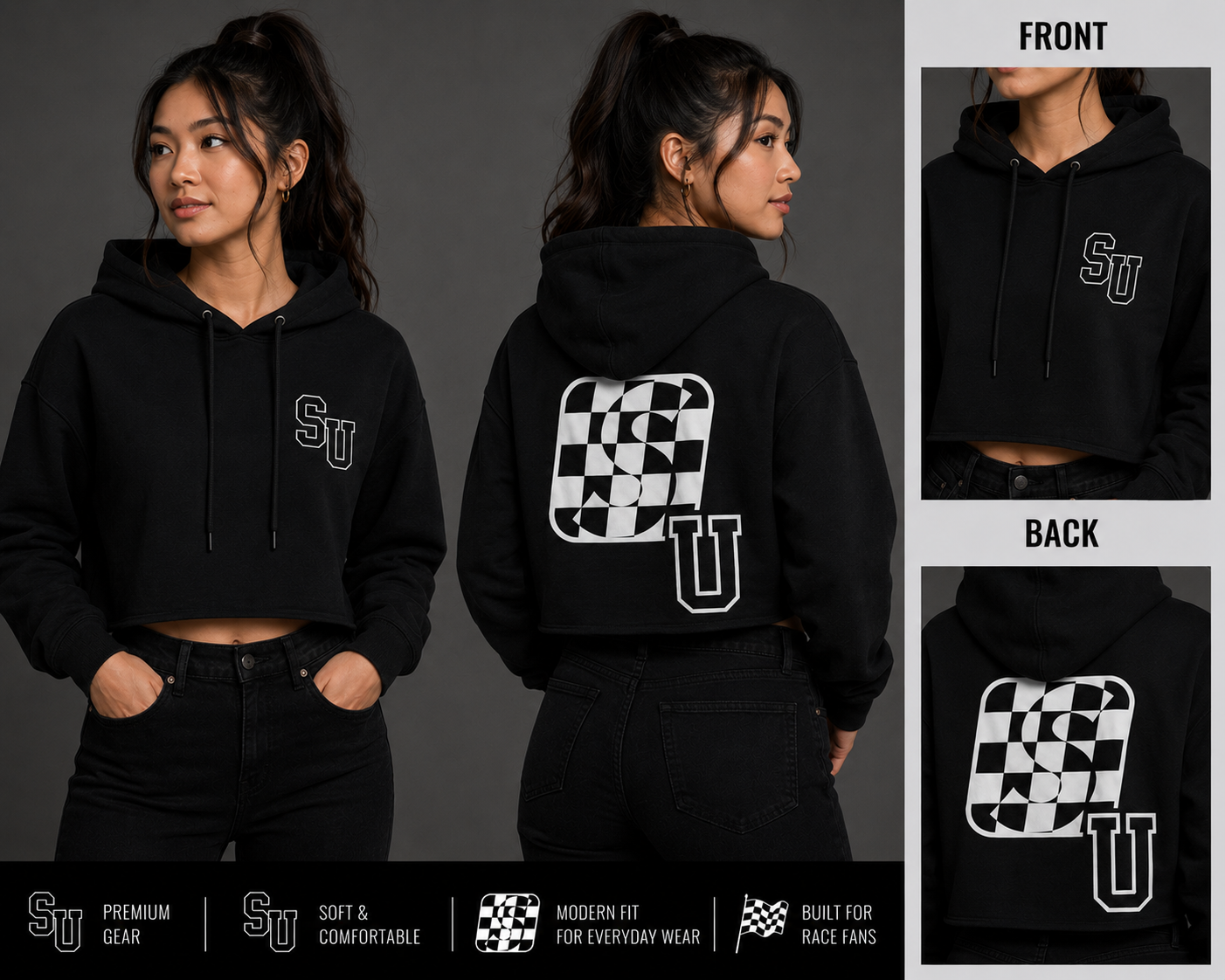 Speed University Women’s SU Graphics Cropped Hoodie front and back view