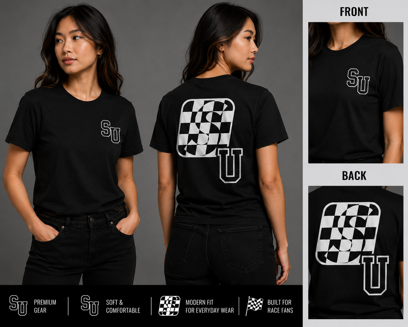 Speed University Women’s SU Graphics Black T-Shirt front and back view
