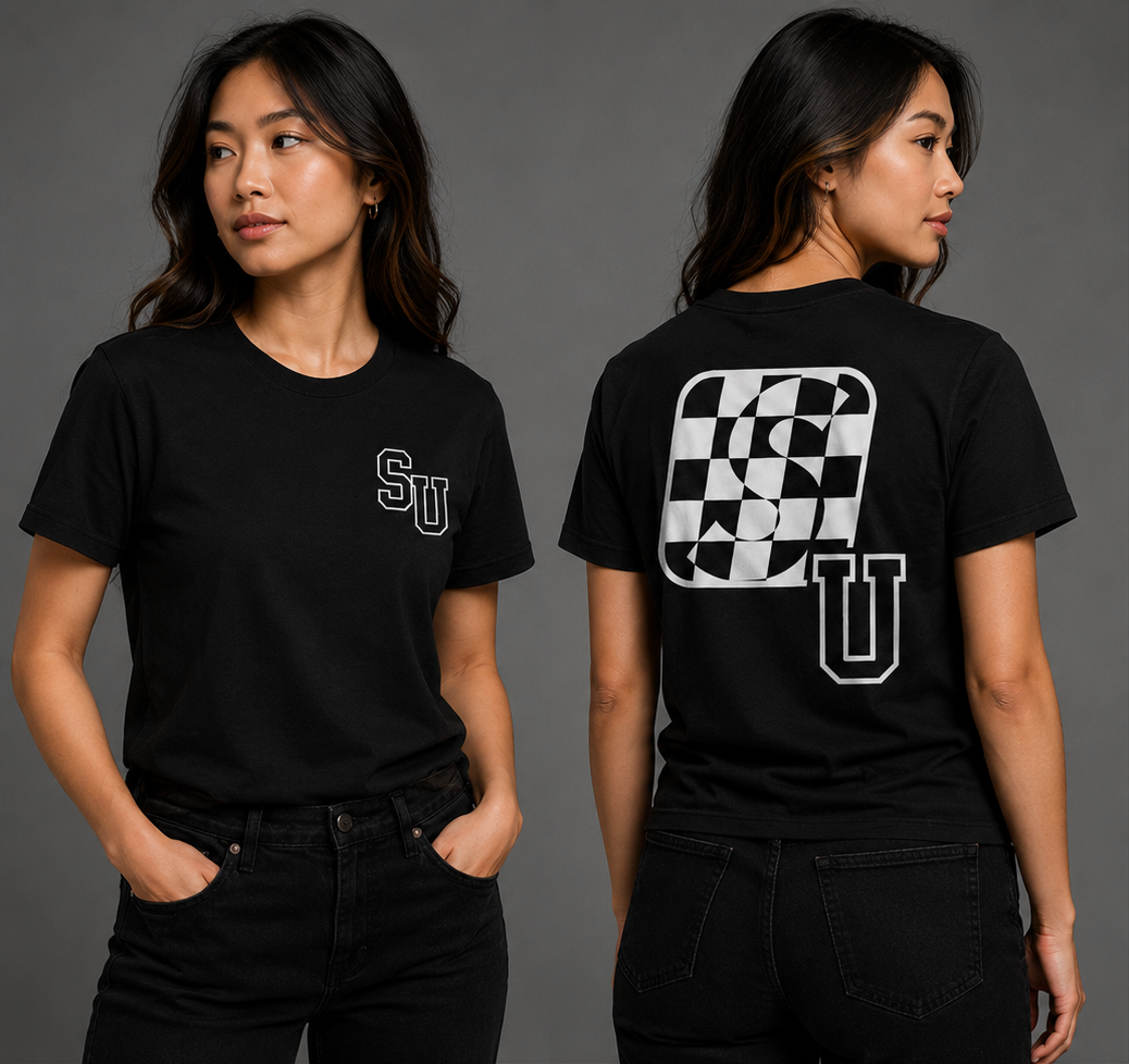 Speed University Women’s SU Graphics Black T-Shirt lifestyle mockup