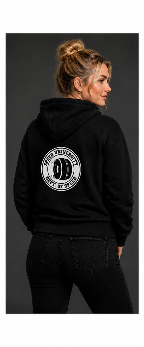 Speed University Women’s Dept. of Speed Wheel Black Hoodie - Image 4